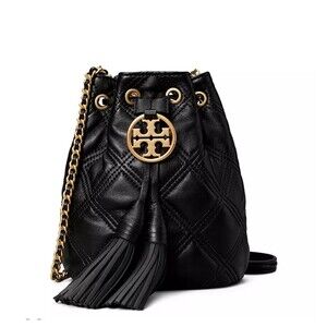 Tory Burch Fleming Mini Soft Quilted Leather Bucket Bag Crossbody Black Gold NWT